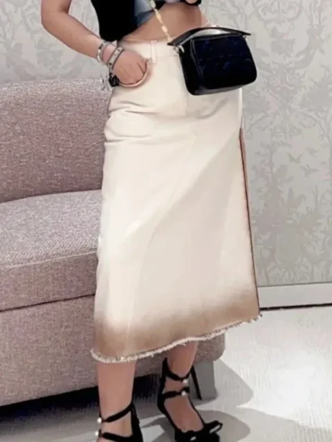 Sexy Fashion High Quality Denim Skirts Women's High Waist Ragged Hem Maxi A-line Skirt Streetwear Summer Y2K Clothing Runway 3