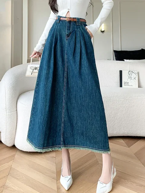 New Women Spring Summer Long Denim Skirt Fashion Stretch High Waist A-Line Loose Skirt Casual Basic Mid-Calf Blue Skirt 1