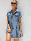 Denim Ruffle Mini Loose Shirt Dresses Single Breasted & Turn Down Collar 7