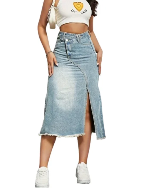New In Women's Fashion Split Denim Skirt Spring Summer High Waisted Streetwear Vintage Jean Skirt A-Line Tassel Midi Skirts 1