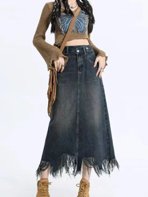 ITOOLIN Women Chic Tassels Split Denim Skirt Casual High Waist Long A-line Skirt Button Office Package Hip Skirts Women Summer 3