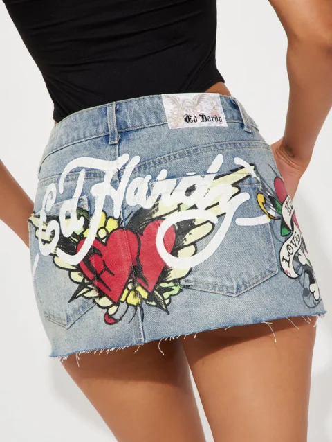Streetwear Y2K Skirt Womens Hip Hop Letter Skull Graphic Print Vintage Blue Denim Skirt Girl High Waist Slim Gothic Mini Skirt 1