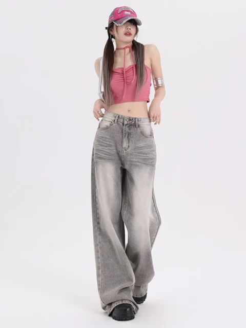 Retro Grey Womens Jeans High Waist Straight Baggy Wide Leg Denim 1