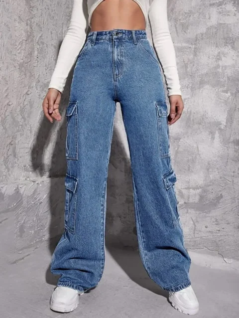 High Waist Wide Leg Casual Cargo Jeans 3